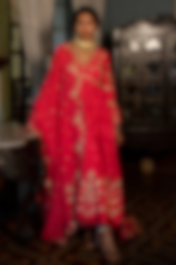 Red Russian Jacquard Hand Embroidered Wedding Anarkali Set by Paulmi & Harsh at Pernia's Pop Up Shop