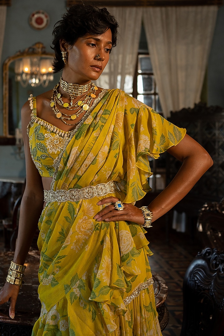 Lime Yellow Banglori Chiffon Printed Pre-Stitched Wedding Saree Set by Paulmi & Harsh at Pernia's Pop Up Shop