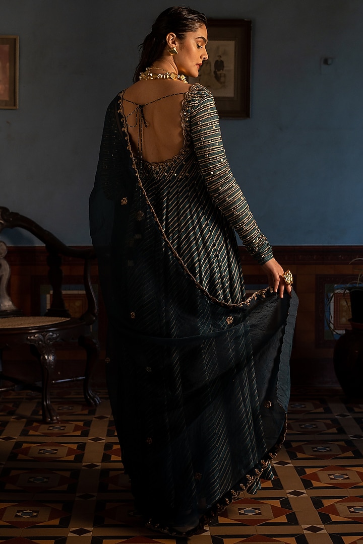 Navy Blue Cotton Silk Printed & Embroidered Wedding Anarkali Set by Paulmi & Harsh at Pernia's Pop Up Shop