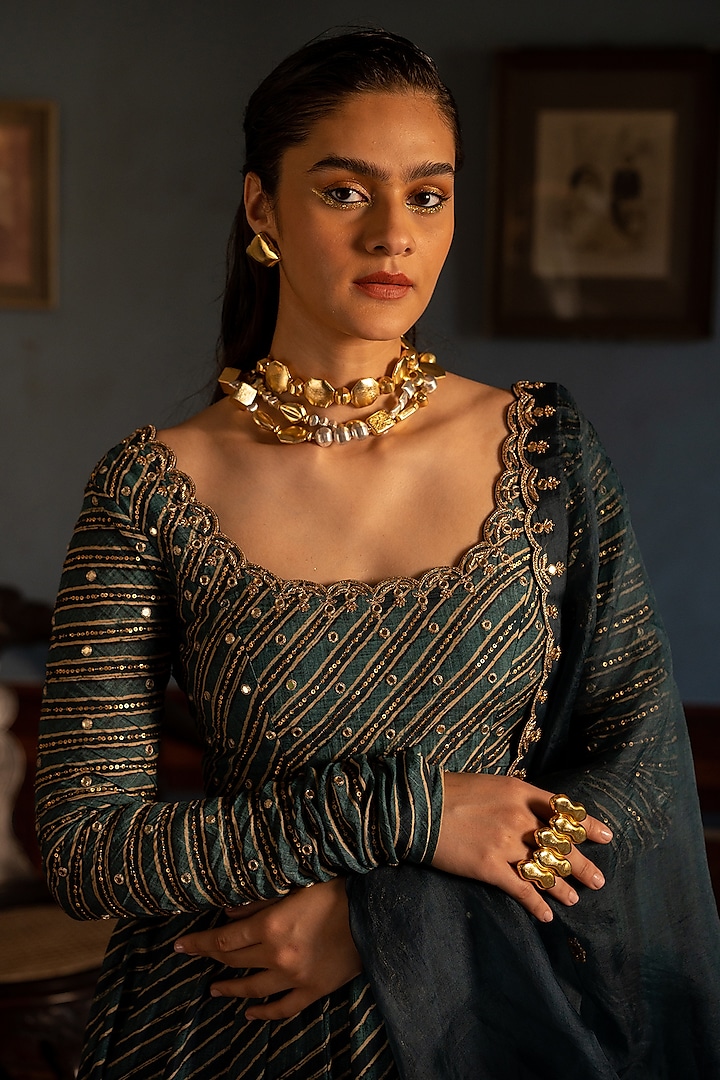 Navy Blue Cotton Silk Printed & Embroidered Wedding Anarkali Set by Paulmi & Harsh at Pernia's Pop Up Shop