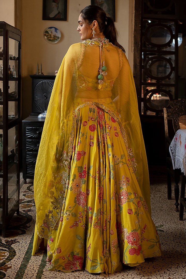 Lime Yellow Chiniya Silk Printed Wedding Lehenga Set by Paulmi & Harsh at Pernia's Pop Up Shop