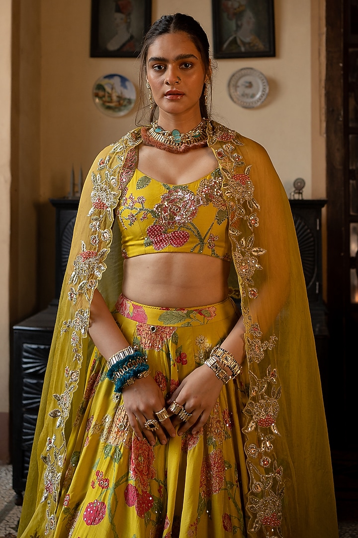 Lime Yellow Chiniya Silk Printed Wedding Lehenga Set by Paulmi & Harsh at Pernia's Pop Up Shop