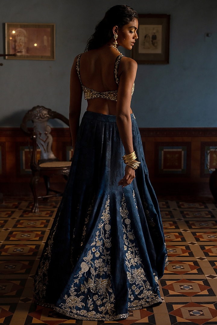 Navy Blue Russian Jacquard Wedding Lehenga Set by Paulmi & Harsh at Pernia's Pop Up Shop