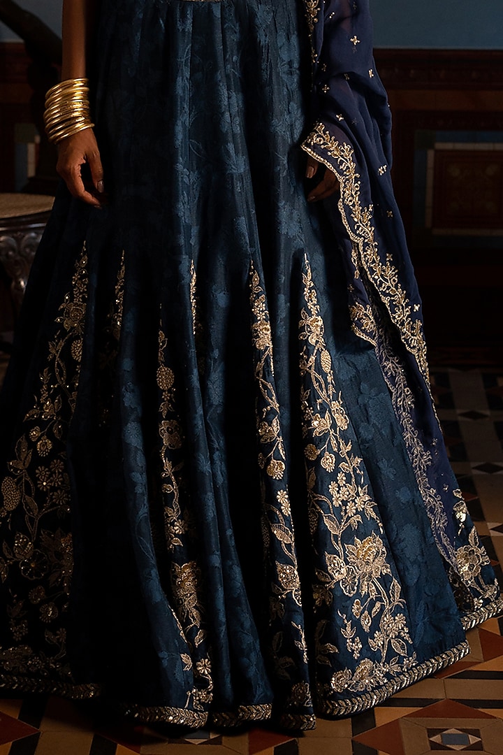 Navy Blue Russian Jacquard Wedding Lehenga Set by Paulmi & Harsh at Pernia's Pop Up Shop