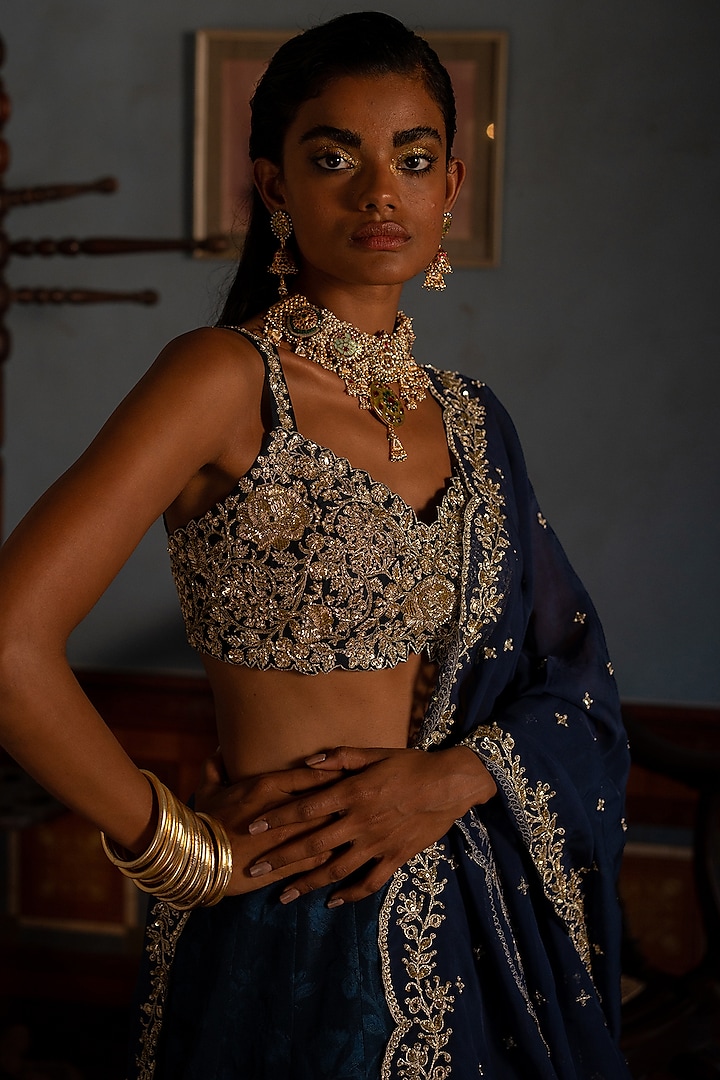 Navy Blue Russian Jacquard Wedding Lehenga Set by Paulmi & Harsh at Pernia's Pop Up Shop
