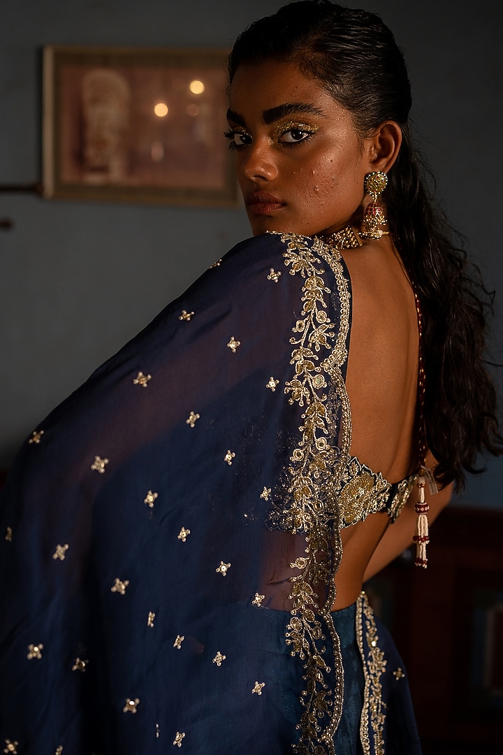 Navy Blue Russian Jacquard Wedding Lehenga Set by Paulmi & Harsh at Pernia's Pop Up Shop