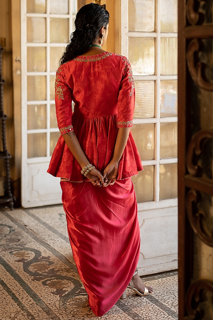 Red Satin Draped Skirt Set by Paulmi & Harsh at Pernia's Pop Up Shop