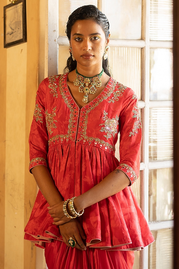 Red Satin Draped Skirt Set by Paulmi & Harsh at Pernia's Pop Up Shop