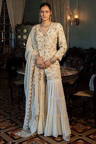 Ivory Crepe Sharara Set by Paulmi & Harsh