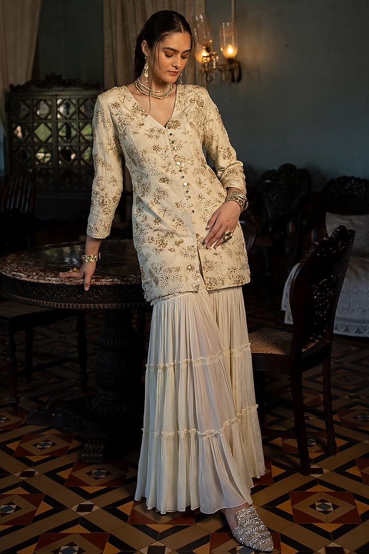 Ivory Crepe Wedding Sharara Set by Paulmi & Harsh at Pernia's Pop Up Shop
