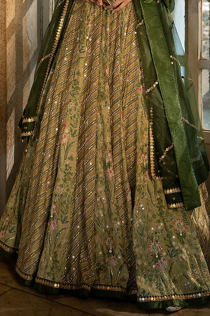 Sage Green Cotton Silk Printed Wedding Lehenga Set by Paulmi & Harsh at Pernia's Pop Up Shop