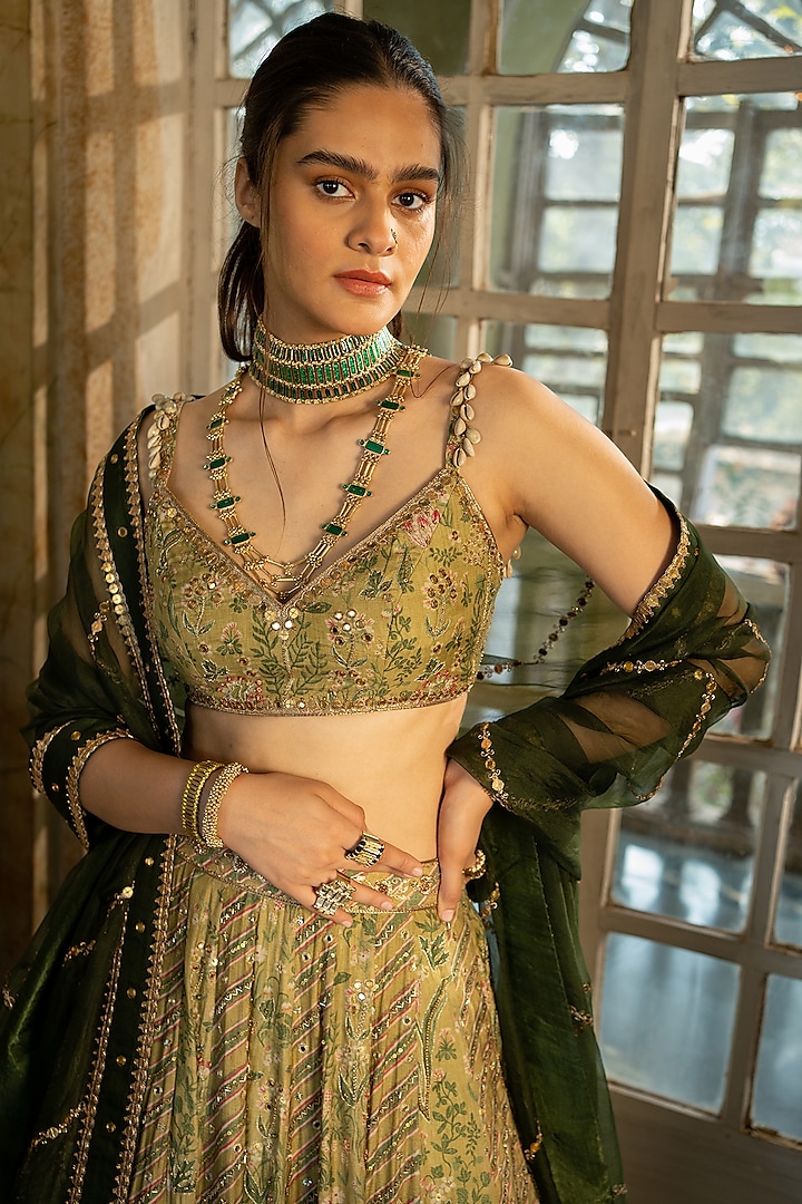 Sage Green Cotton Silk Printed Wedding Lehenga Set by Paulmi & Harsh at Pernia's Pop Up Shop