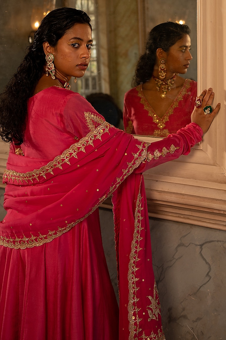Fuchsia Pink Cotton Silk Party Wear Anarkali Set by Paulmi & Harsh at Pernia's Pop Up Shop