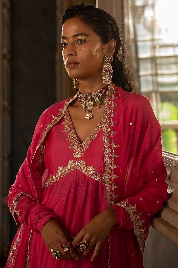 Fuchsia Pink Cotton Silk Party Wear Anarkali Set by Paulmi & Harsh at Pernia's Pop Up Shop