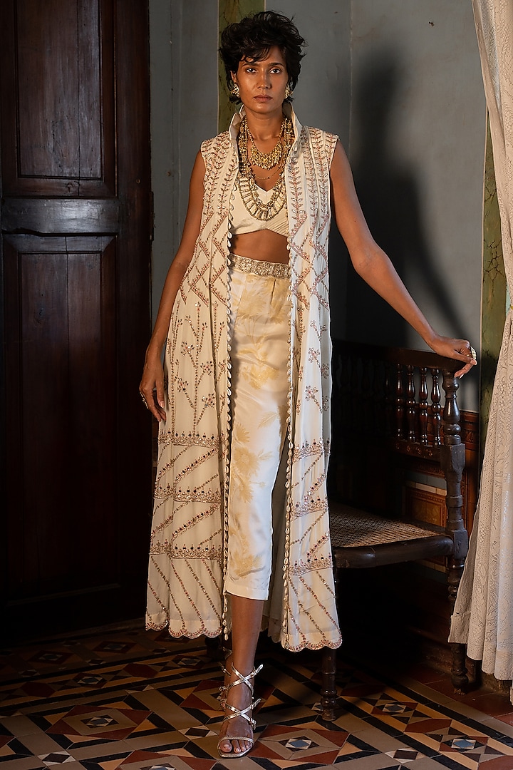 Ivory Crepe Embellished Jacket Set by Paulmi & Harsh at Pernia's Pop Up Shop