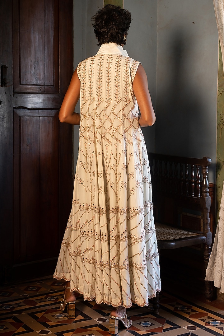 Ivory Crepe Embellished Jacket Set by Paulmi & Harsh at Pernia's Pop Up Shop