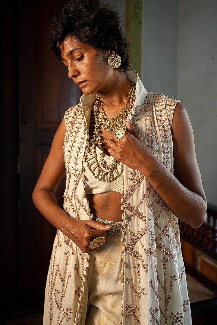 Ivory Crepe Embellished Jacket Set by Paulmi & Harsh at Pernia's Pop Up Shop