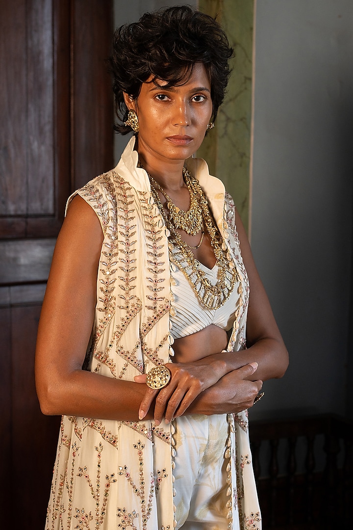 Ivory Crepe Embellished Jacket Set by Paulmi & Harsh at Pernia's Pop Up Shop