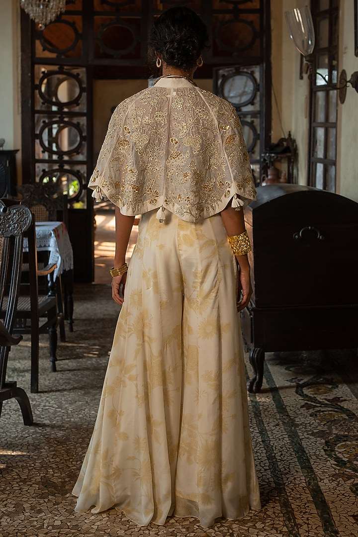 Ivory Crepe Printed Jumpsuit With Cape by Paulmi & Harsh at Pernia's Pop Up Shop