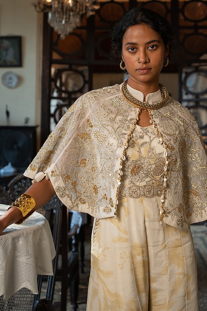 Ivory Crepe Printed Jumpsuit With Cape by Paulmi & Harsh at Pernia's Pop Up Shop