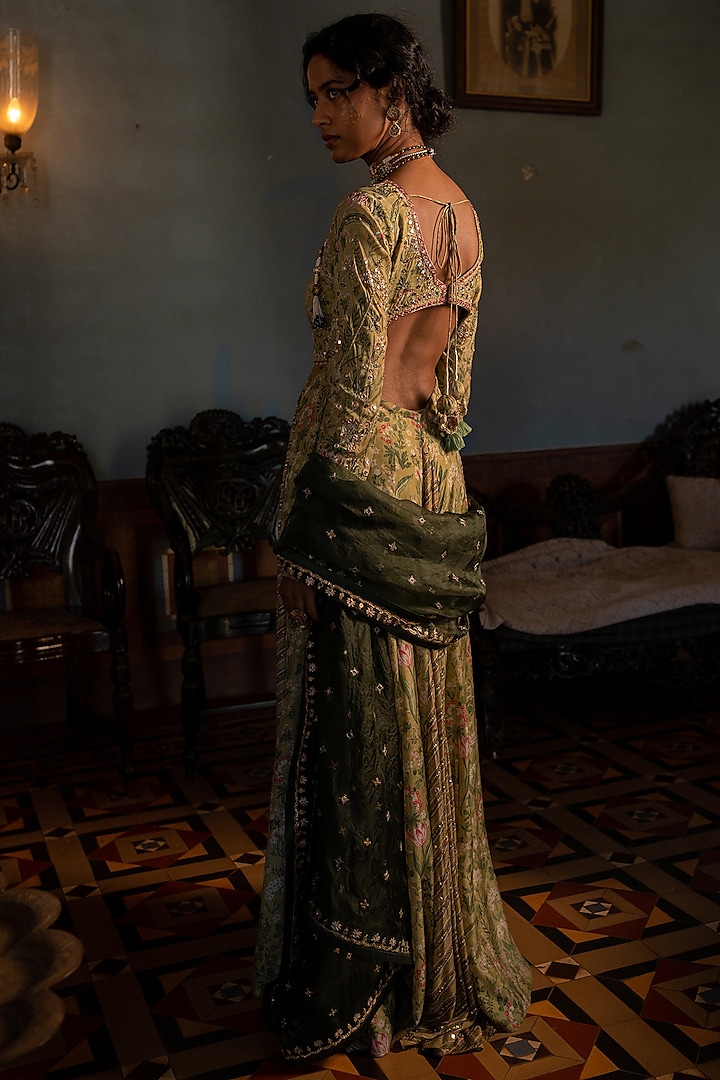 Sage Green Cotton Silk Printed & Embroidered Wedding Anarkali Set by Paulmi & Harsh at Pernia's Pop Up Shop
