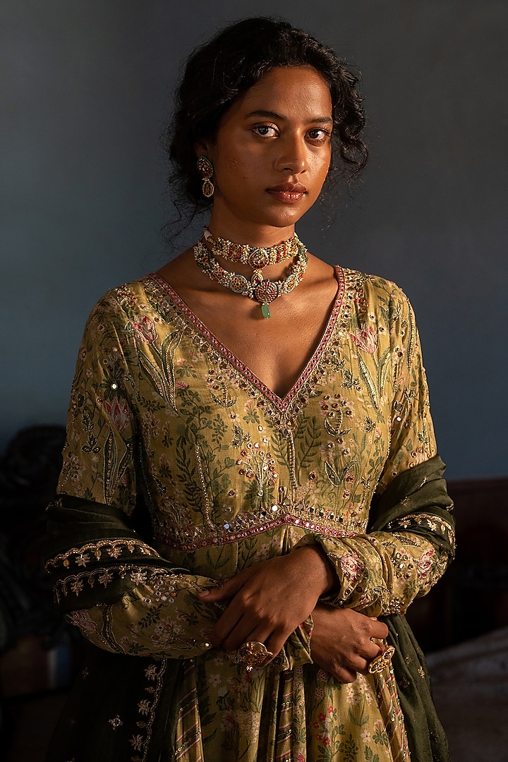 Sage Green Cotton Silk Printed & Embroidered Wedding Anarkali Set by Paulmi & Harsh at Pernia's Pop Up Shop