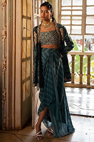 Teal Blue Cotton Silk Embellished Skirt Set by Paulmi & Harsh