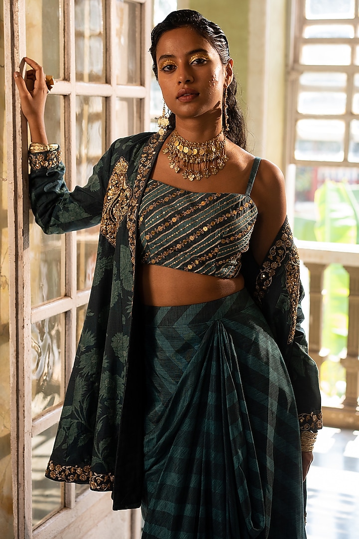 Teal Blue Cotton Silk Embellished Skirt Set by Paulmi & Harsh at Pernia's Pop Up Shop