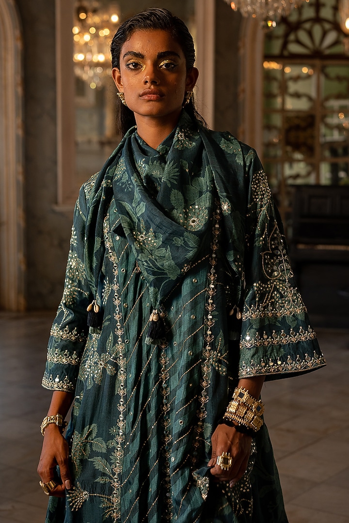 Teal Blue Pure Satin Embellished & Printed Kurta Set by Paulmi & Harsh at Pernia's Pop Up Shop