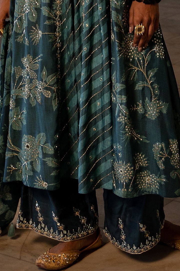 Teal Blue Pure Satin Embellished & Printed Kurta Set by Paulmi & Harsh at Pernia's Pop Up Shop