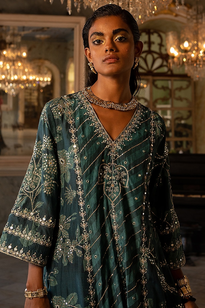 Teal Blue Pure Satin Embellished & Printed Kurta Set by Paulmi & Harsh at Pernia's Pop Up Shop