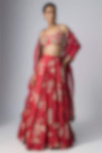 Red Chiniya Silk Printed Wedding Lehenga Set by Paulmi & Harsh at Pernia's Pop Up Shop