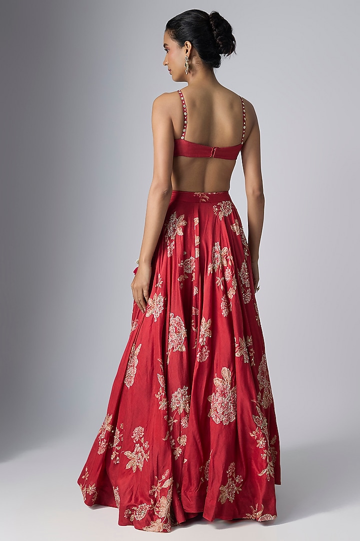 Red Chiniya Silk Printed Wedding Lehenga Set by Paulmi & Harsh at Pernia's Pop Up Shop