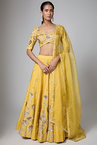 Yellow Gokul Chiniya Zardosi Embroidered Lehenga Set by Paulmi & Harsh