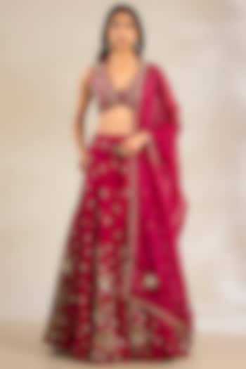 Red Chiniya Silk Embroidered Wedding Lehenga Set by Paulmi & Harsh at Pernia's Pop Up Shop