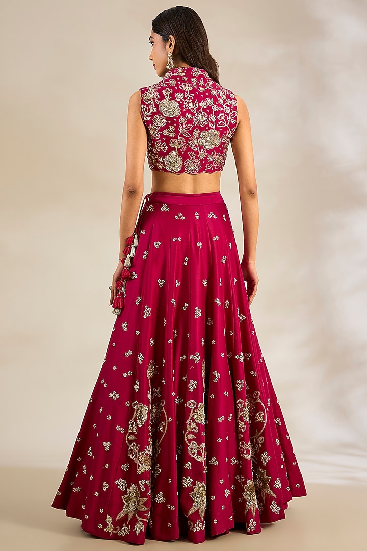 Red Chiniya Silk Embroidered Wedding Lehenga Set by Paulmi & Harsh at Pernia's Pop Up Shop