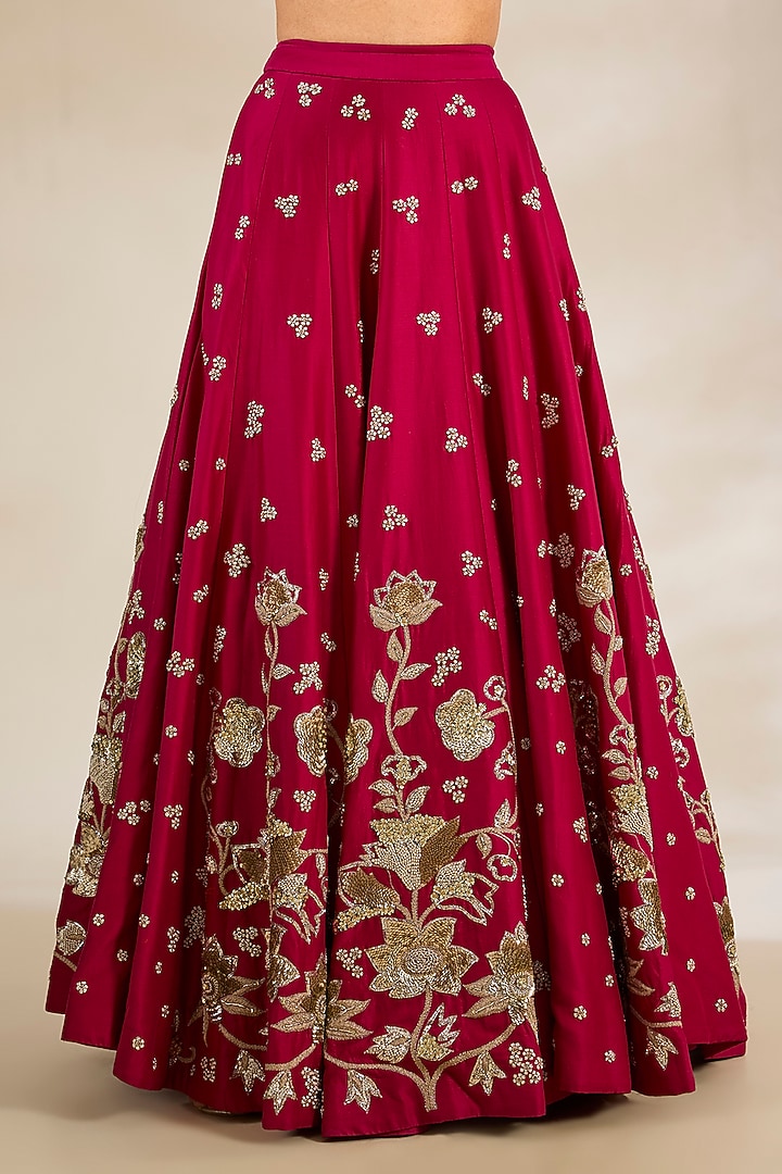 Red Chiniya Silk Embroidered Wedding Lehenga Set by Paulmi & Harsh at Pernia's Pop Up Shop