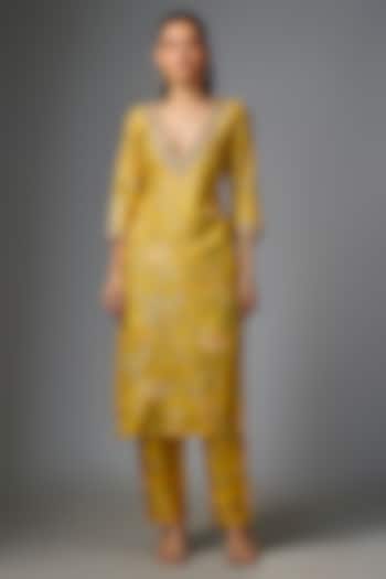 Yellow Jamawar Jacquard Printed & Embroidered Kurta Set by Paulmi & Harsh at Pernia's Pop Up Shop