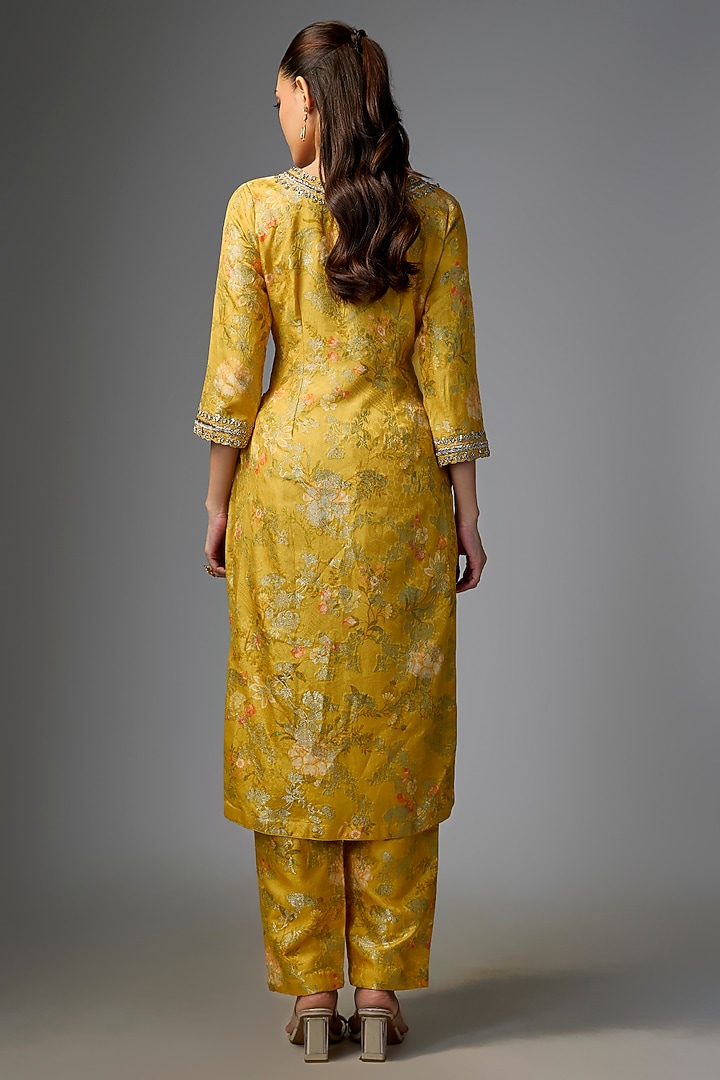 Yellow Jamawar Jacquard Printed & Embroidered Kurta Set by Paulmi & Harsh at Pernia's Pop Up Shop