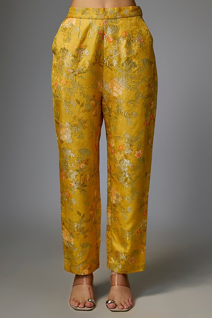 Yellow Jamawar Jacquard Printed & Embroidered Kurta Set by Paulmi & Harsh at Pernia's Pop Up Shop