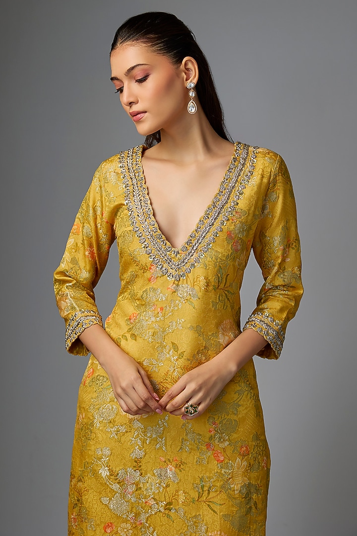 Yellow Jamawar Jacquard Printed & Embroidered Kurta Set by Paulmi & Harsh at Pernia's Pop Up Shop