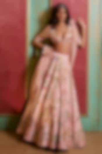 Baby Pink Chiniya Silk Floral & Aari Embroidered Wedding Lehenga Set by Paulmi & Harsh at Pernia's Pop Up Shop