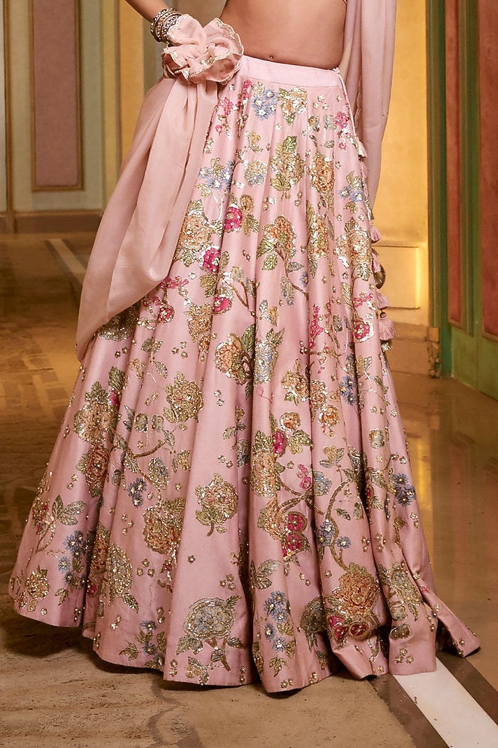 Baby Pink Chiniya Silk Floral & Aari Embroidered Wedding Lehenga Set by Paulmi & Harsh at Pernia's Pop Up Shop