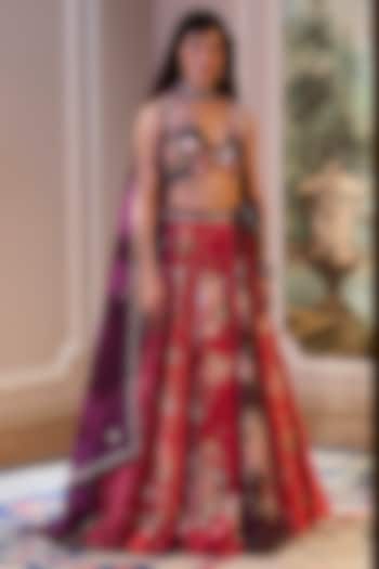 Multi-Colored Chiniya Silk Floral Printed Wedding Lehenga Set by Paulmi & Harsh at Pernia's Pop Up Shop