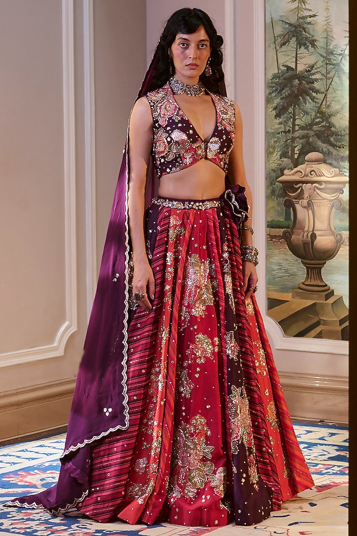 Multi-Colored Chiniya Silk Floral Printed Wedding Lehenga Set by Paulmi & Harsh at Pernia's Pop Up Shop