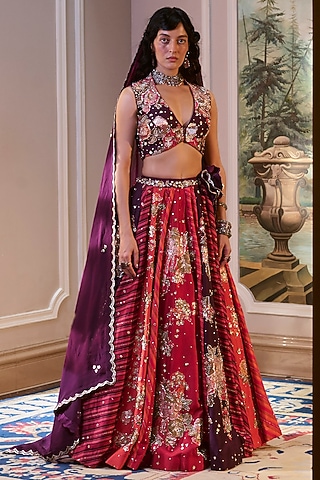 Multi-Colored Chiniya Silk Floral Printed Lehenga Set by Paulmi & Harsh