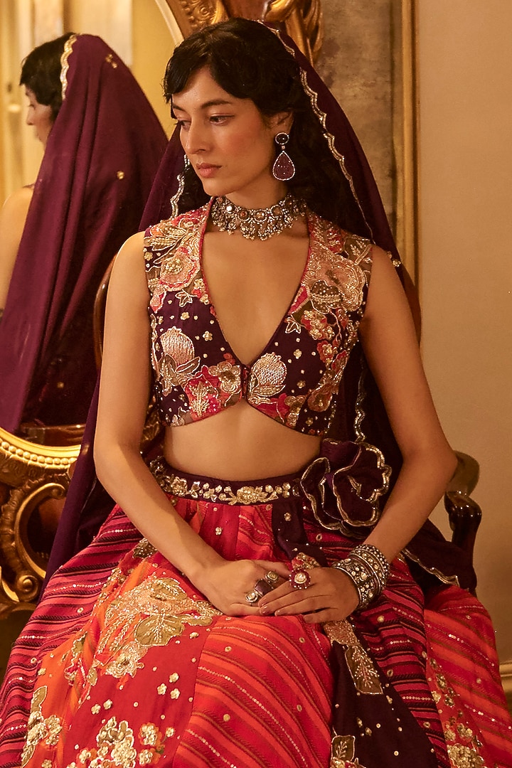 Multi-Colored Chiniya Silk Floral Printed Wedding Lehenga Set by Paulmi & Harsh at Pernia's Pop Up Shop
