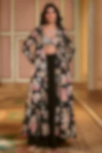 Black Chiniya Silk Zardosi Embroidered Jacket Set by Paulmi & Harsh at Pernia's Pop Up Shop