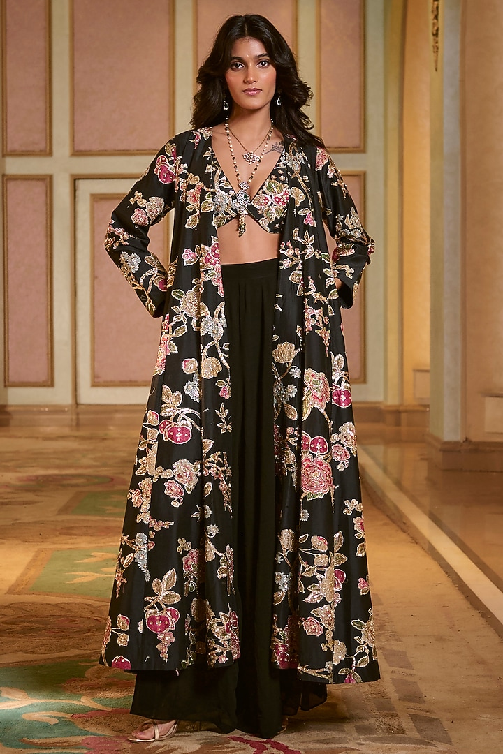 Black Chiniya Silk Zardosi Embroidered Jacket Set by Paulmi & Harsh at Pernia's Pop Up Shop