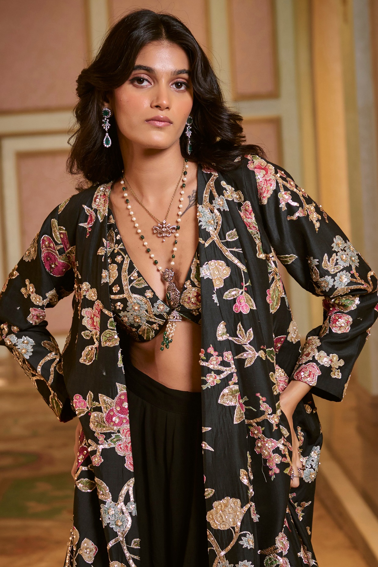 Black Chiniya Silk Zardosi Embroidered Jacket Set by Paulmi
